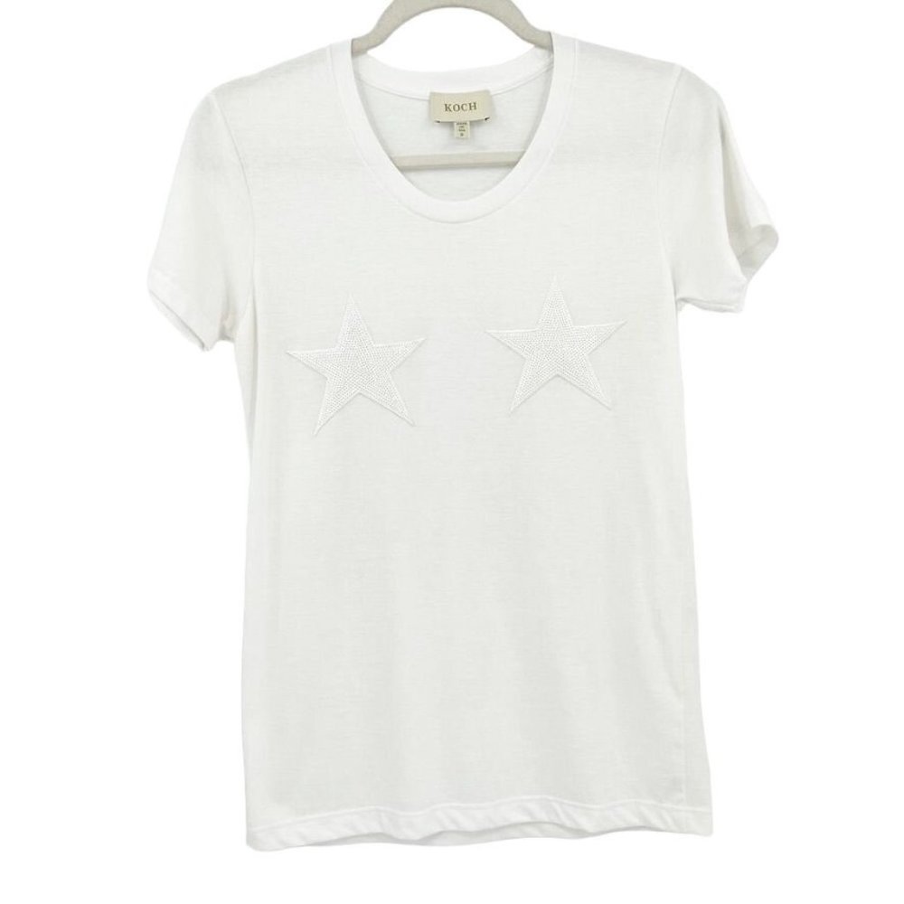 KOCH Womens Small Sequin Star Boob Tee T-Shirt Top White Crew Neck Flaw